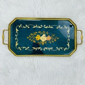 Vintage Sorrento Marquetry Blue Floral Inlaid Tray Brass Trim Handles Italy